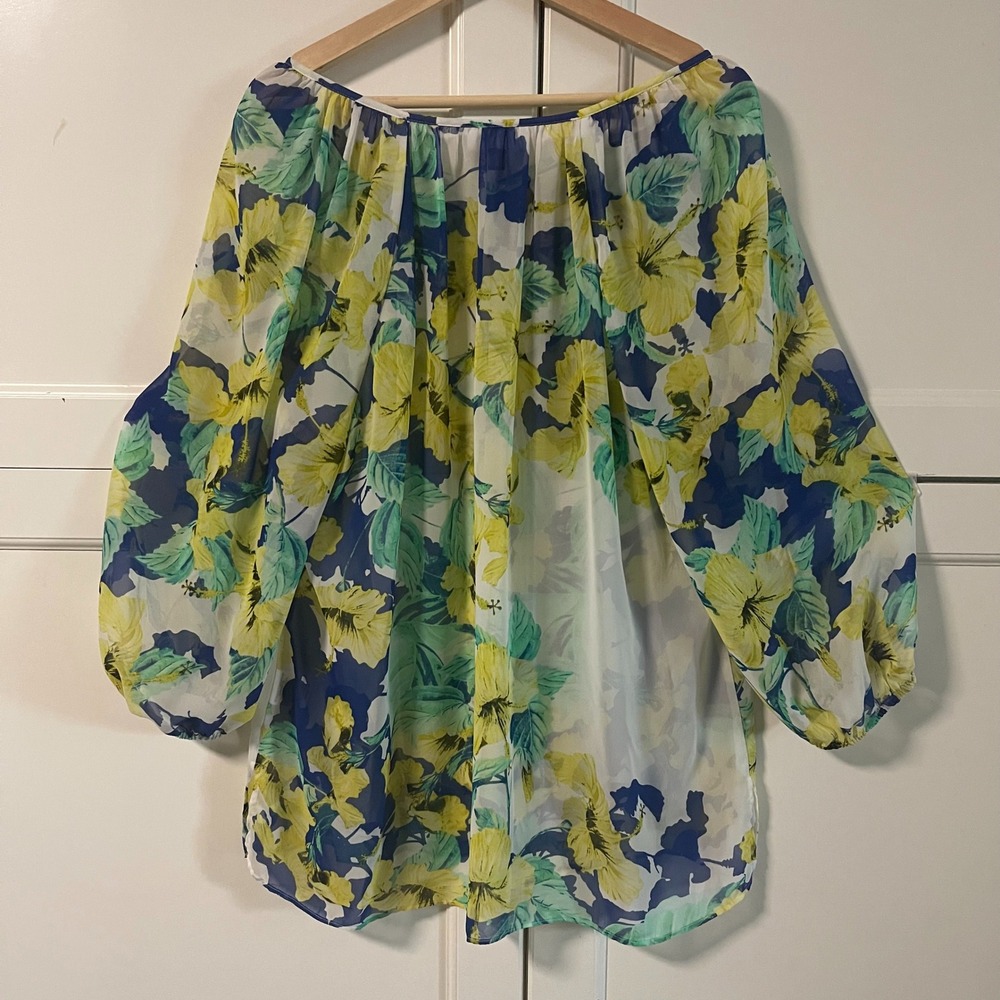 JM Collection Womens XL Floral Chiffon Blouse Rhinestone Split Neck Blue Yellow - Picture 2 of 4